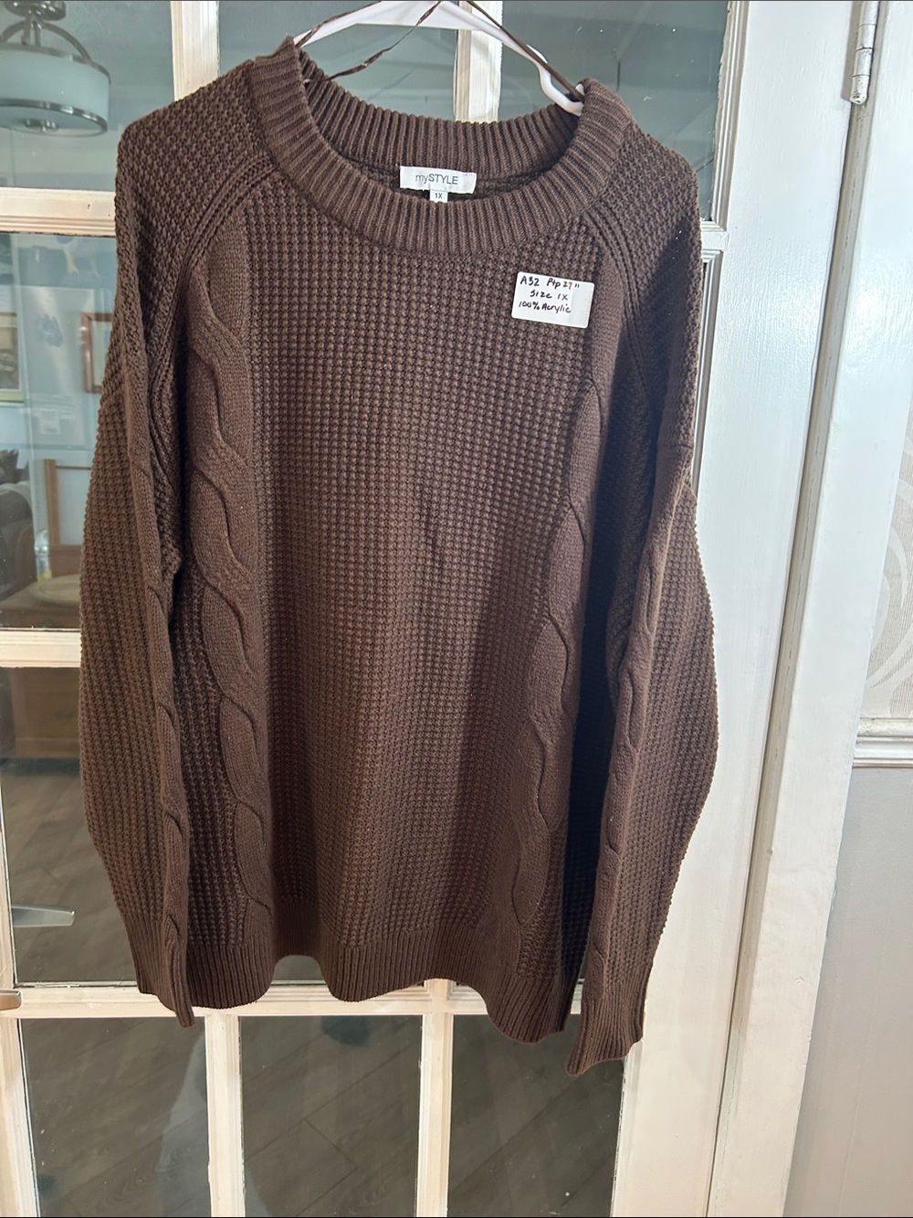 A32.    Brown Cable-Knit Crewneck Sweater